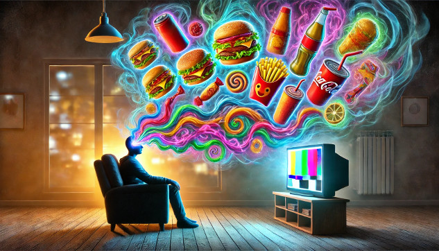 An artistic depiction of processed foods such as burgers, fries, and candy, glowing ominously under a spotlight, symbolizing their addictive and harmful nature.