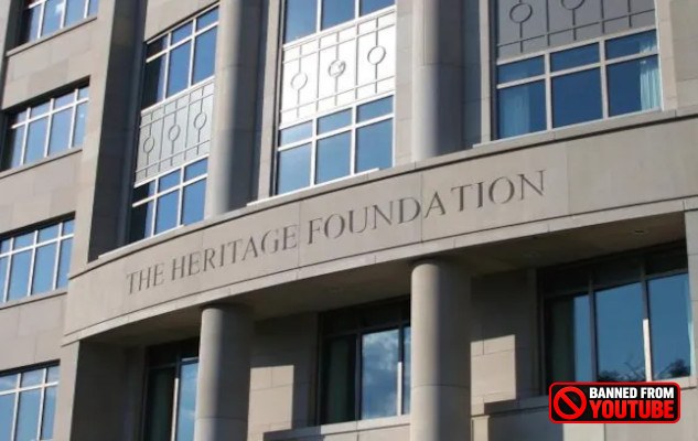 The Hidden Influence of the Heritage Foundation A depiction of the Heritage Foundation’s influence on U.S. governance showing how its policy blueprints have eroded democracy and concentrated power among elites.
