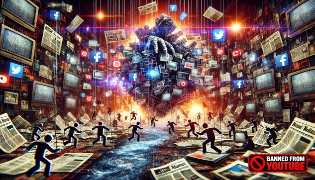 A chaotic newsroom setting with overlapping headlines and blurred text representing disinformation. flooding the zone with shit